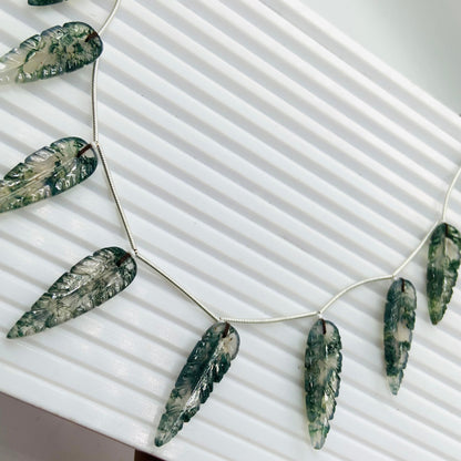 10 Pieces Natural Moss Agate Leaf Shape Carved Briolette Beads