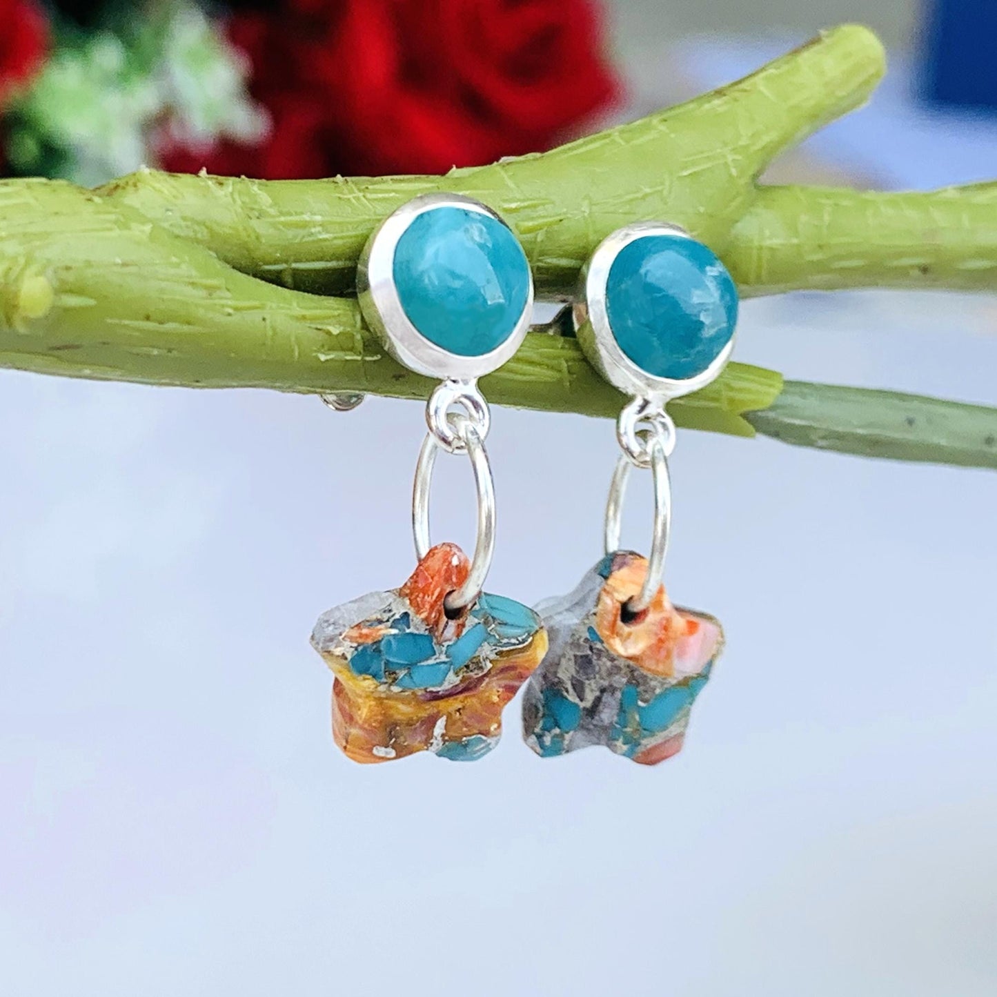 Turquoise & Oyster Copper Star Dangle Earrings – Sterling Silver Handmade Boho Jewelry