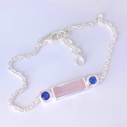 925 Sterling Silver Rose Quartz & Tanzanite Chain Bracelet - Gift for Her