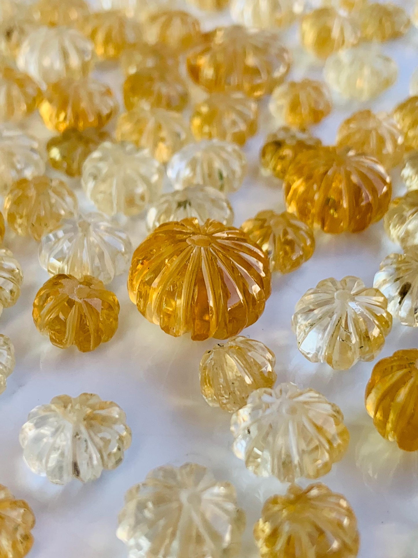 Natural Citrine Carved Melon Rondelle Beads 8 Inch Strand | Center Drill Fancy Briolette Gemstone
