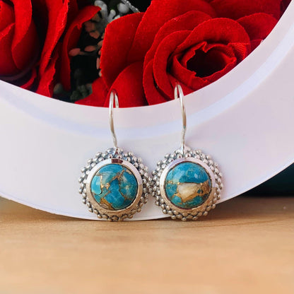 Blue copper Turquoise Sterling Silver earrings ~ Boho Silver Jewelry ~ Round blue turquoise ~ Gift For Her ~ E-0014