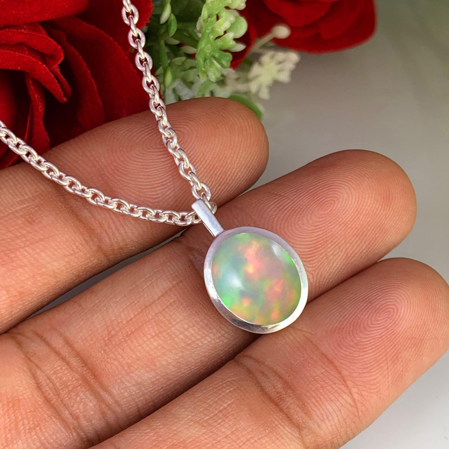 Minimalist Opal Necklace – Dainty Silver Birthstone Jewelry