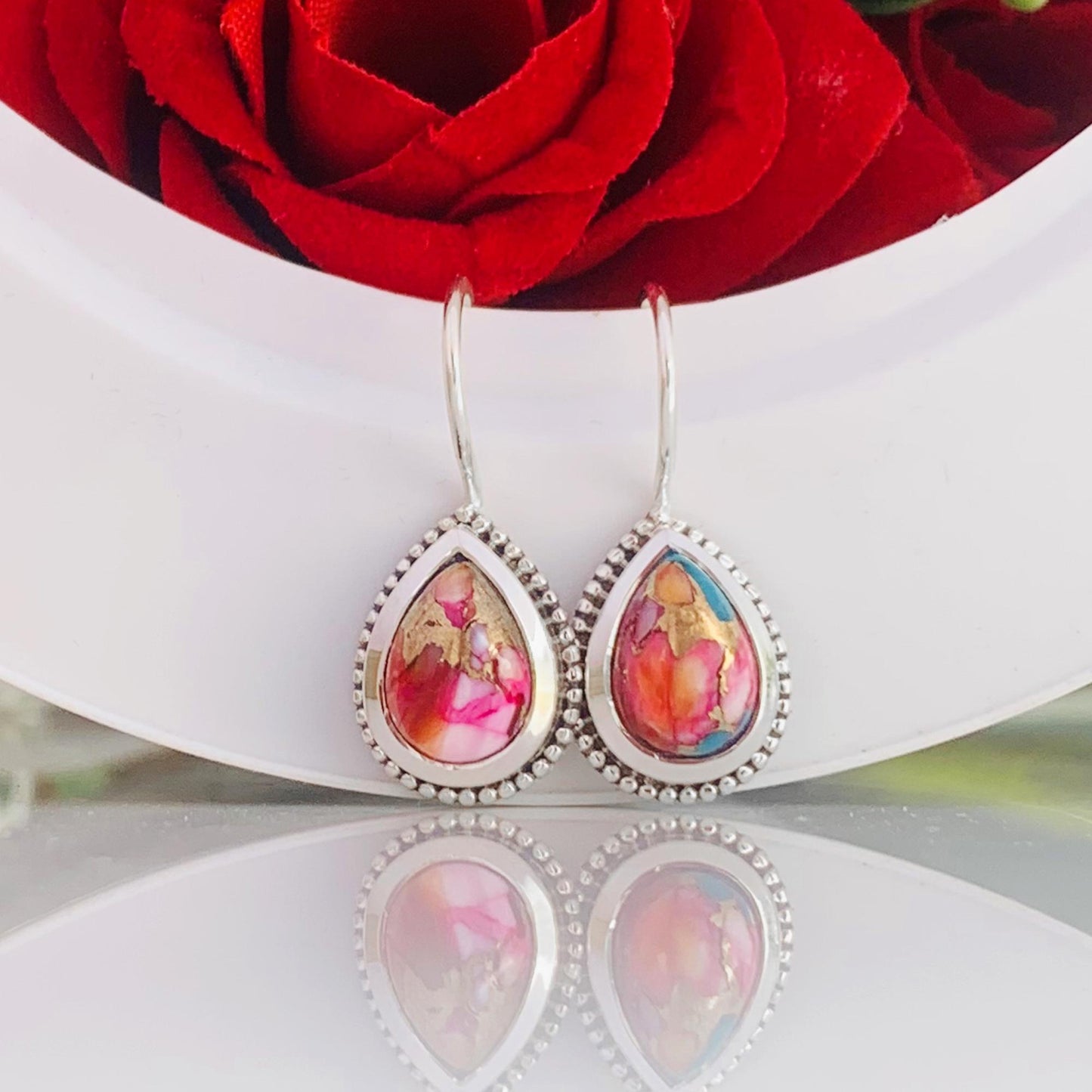 Kingman Pink Turquoise Silver Earrings ~ Dainty Drop & Dangle Style ~ 925 Sterling Silver ~ Boho Earrings ~ Birthday Gift For Mom ~ E-0012