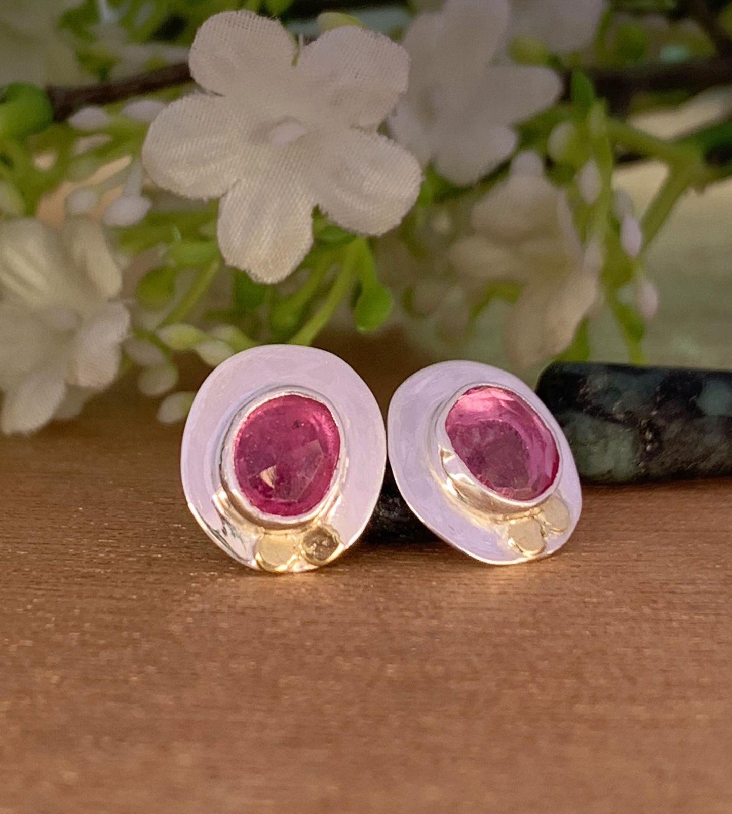 Ruby Studs Earrings ~ Minimalist Silver Stud Earrings ~ Rustic artisan jewelry ~ Pink Ruby Birthstone Earrings ~ Gift For Her ~ E-0047