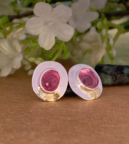 Ruby Studs Earrings ~ Minimalist Silver Stud Earrings ~ Rustic artisan jewelry ~ Pink Ruby Birthstone Earrings ~ Gift For Her ~ E-0047