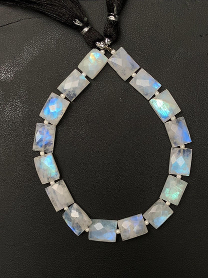 Natural White rainbow Square faceted Center Drill Beads Rainbow Moonstone Briolette Gemstone Chicklet Shape beads for Jewelry, Size 8x10x5mm