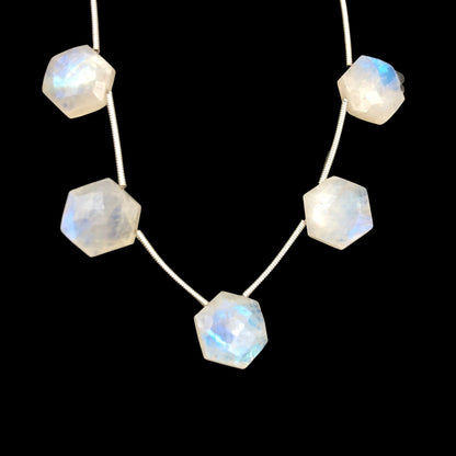 10 Pieces AAA Quality White Rainbow Moonstone Faceted Hexagon Shape Beads , Side Drill , Natural White Rainbow Moonstone , SKU - BBI1080