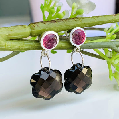 Elegant Smoky Quartz & Pink Tourmaline Floral Dangle Earrings ~ Sterling Silver Handmade Gemstone Jewelry for a Sophisticated Look
