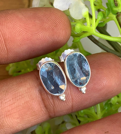 Kyanite Studs Earrings ~ Dainty Silver and Vermeil Gold Studs ~ Rosecut Birthstone Jewelry ~ Gift For Her ~ E-Anniversary Gift ~ E-0046