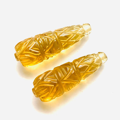 1 Pair Natural Citrine Hand Carved Drop Shape Briolette Beads, Handmade Matching Pair beads, Earring Making Gemstone Size - 26X9mm