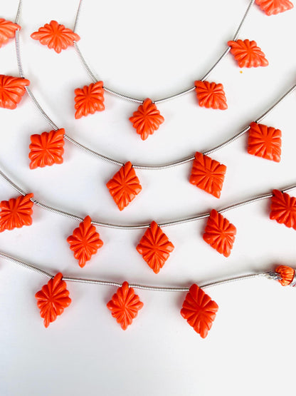 Red Coral Slot Carved Fancy Lozenge Briolette Beads