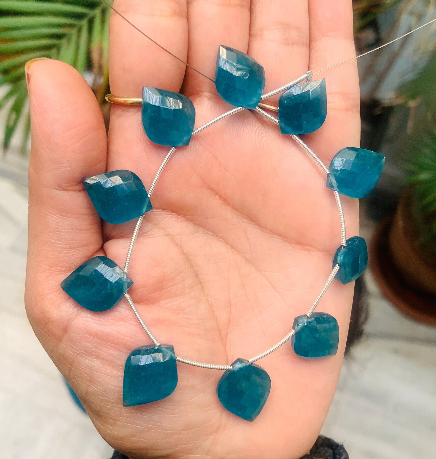 10 Pieces Natural Teal Quartzite Carved Fancy Cut Shape Gemstone Briolette Side Drill Beads Line | Faceted Gemstone Beads. BBI1033