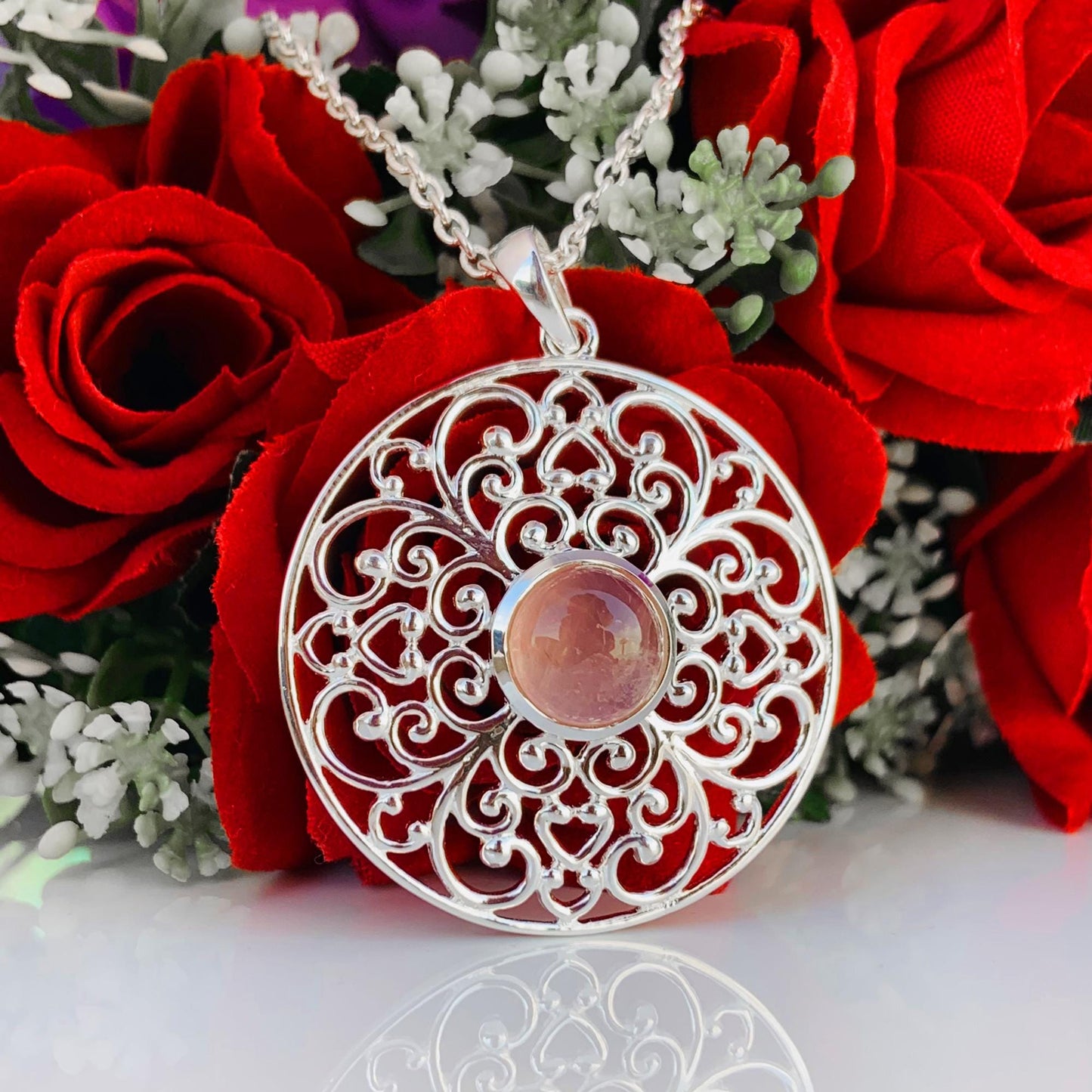 Ornate Pastel Pink Rose Quartz Filigree Silver Necklace