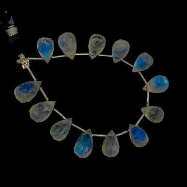 4 Inches Natural White Rainbow Buds Briolette Beads Blue Flashy Gemstone Faceted Flower Buds Size 5X9 MM To 6X10 MM   SKU - BBI712