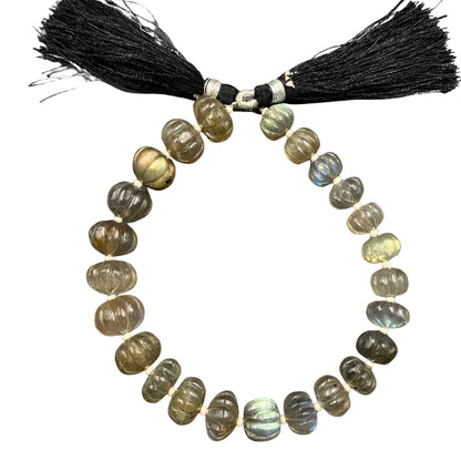 Natural Labradorite Melon Shape Beads – Blue Flash Faceted Carved Briolette Center Drill