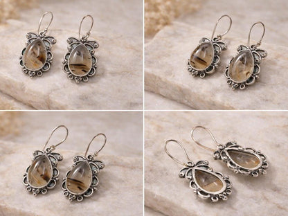 Natural Dendritic Agate Teardrop Silver Earrings | Natural Scenic Agate | Teardrop Scenic Agate | 925 Sterling Silver Handmade Drop Earrings