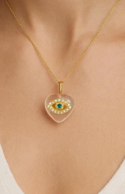 Emerald Evil Eye Heart Pendant Necklace | Gold Protection Charm with Crystals - BeadsBoatInc