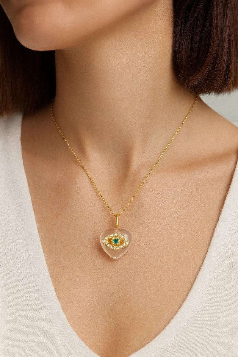 Emerald Evil Eye Heart Pendant Necklace | Gold Protection Charm with Crystals - BeadsBoatInc