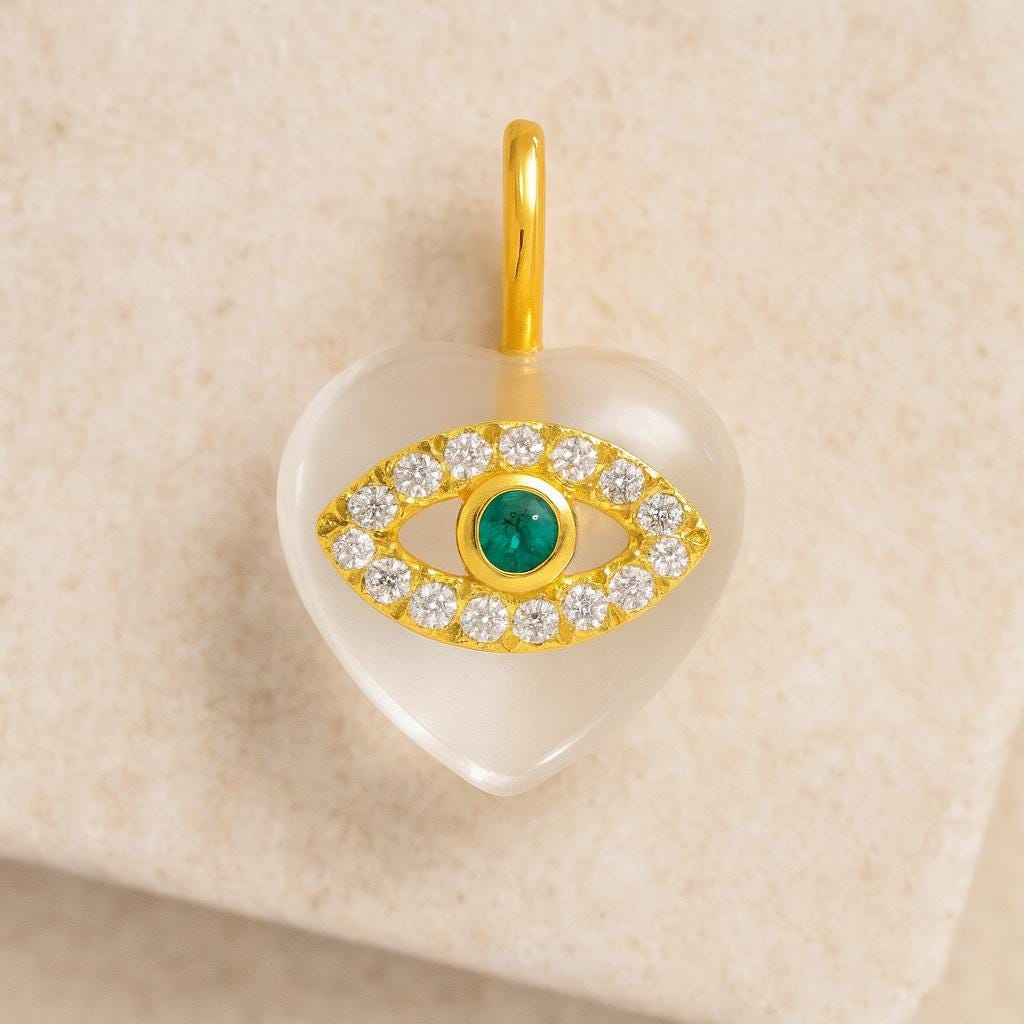 Emerald Evil Eye Heart Pendant Necklace | Gold Protection Charm with Crystals - BeadsBoatInc