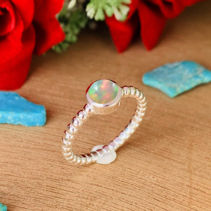 Ethiopian Opal Ball Dainty Stacking Ring - Birthday Gift - BeadsBoatInc