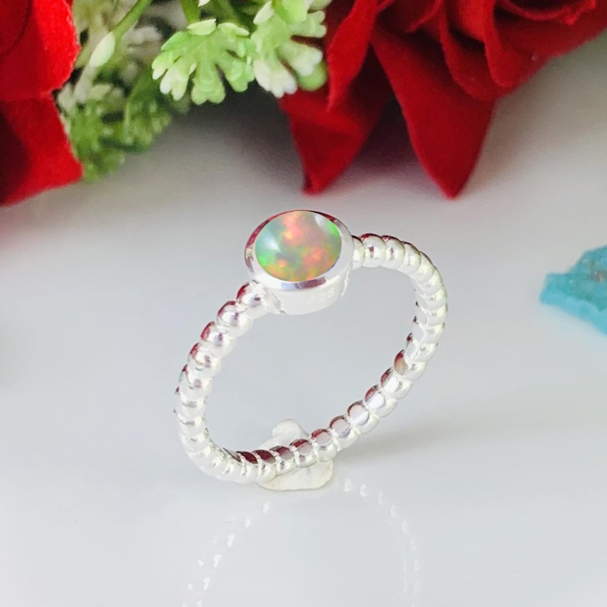 Ethiopian Opal Ball Dainty Stacking Ring - Birthday Gift - BeadsBoatInc