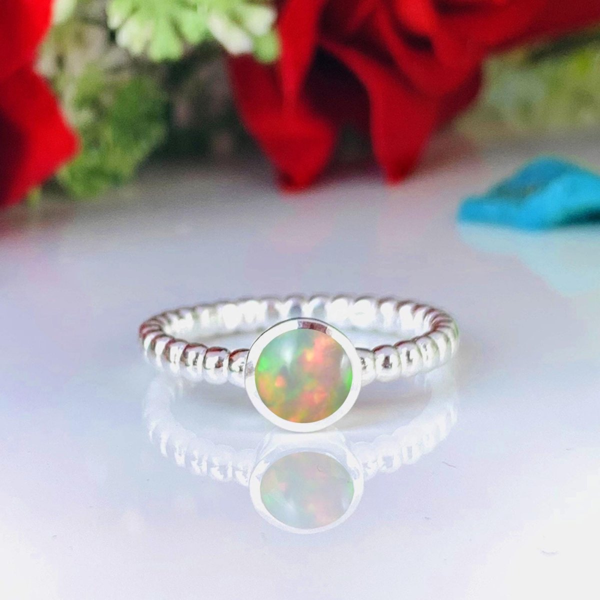 Ethiopian Opal Ball Dainty Stacking Ring - Birthday Gift - BeadsBoatInc