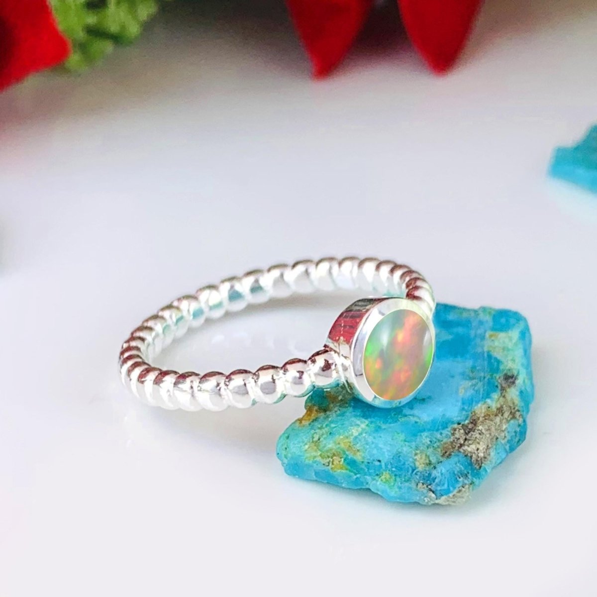 Ethiopian Opal Ball Dainty Stacking Ring - Birthday Gift - BeadsBoatInc