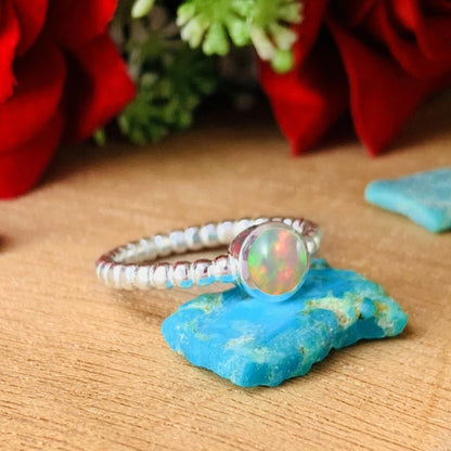Ethiopian Opal Ball Dainty Stacking Ring - Birthday Gift - BeadsBoatInc