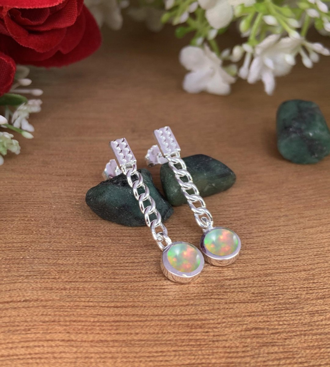 Ethiopian Opal Minimalist Dangle Earrings - Gold Plated 925 Sterling Silver Jewelry - BeadsBoatInc