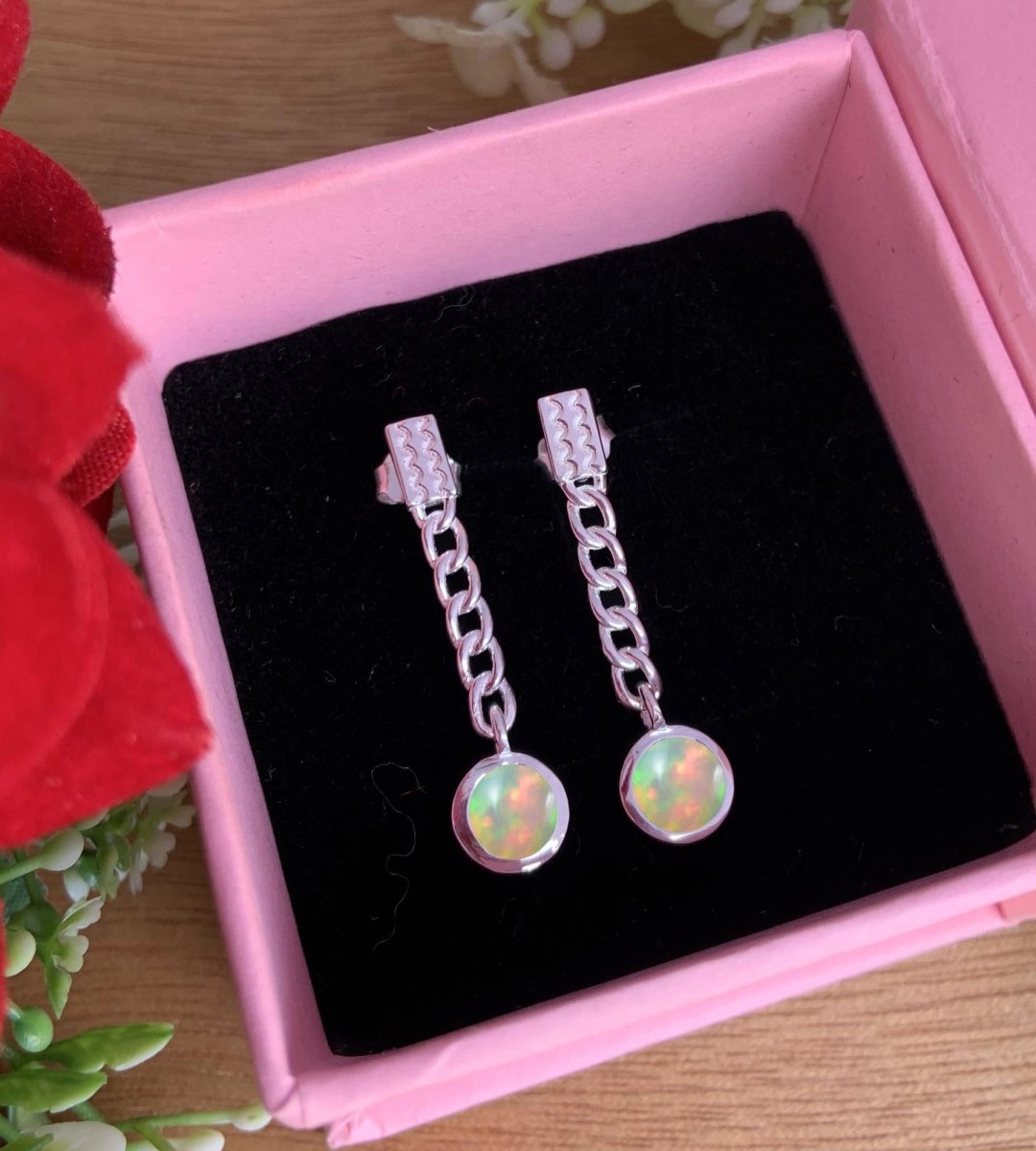Ethiopian Opal Minimalist Dangle Earrings - Gold Plated 925 Sterling Silver Jewelry - BeadsBoatInc