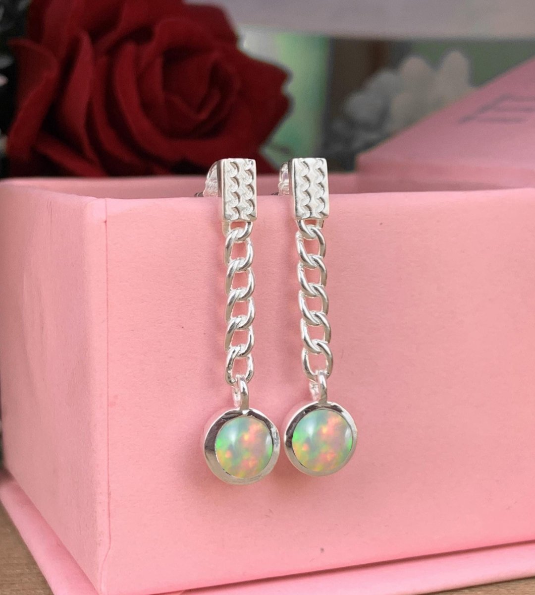 Ethiopian Opal Minimalist Dangle Earrings - Gold Plated 925 Sterling Silver Jewelry - BeadsBoatInc
