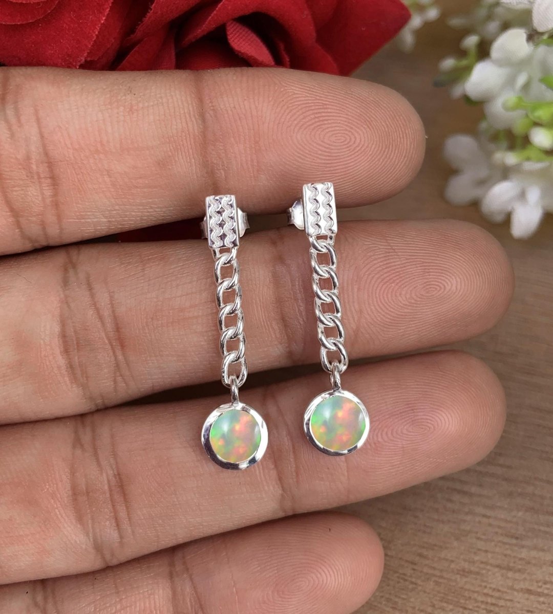 Ethiopian Opal Minimalist Dangle Earrings - Gold Plated 925 Sterling Silver Jewelry - BeadsBoatInc