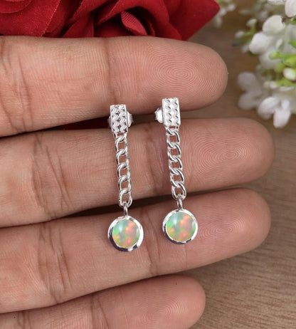 Ethiopian Opal Minimalist Dangle Earrings - Gold Plated 925 Sterling Silver Jewelry - BeadsBoatInc