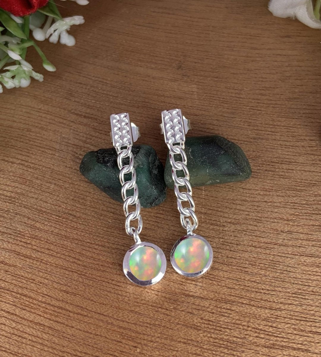 Ethiopian Opal Minimalist Dangle Earrings - Gold Plated 925 Sterling Silver Jewelry - BeadsBoatInc