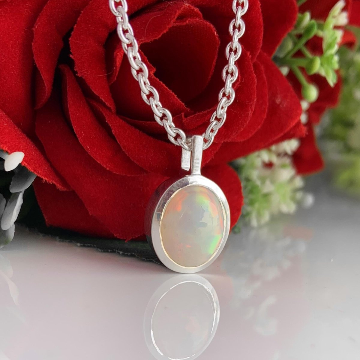 Ethiopian Opal Necklace – Oval Sterling Silver Pendant - BeadsBoatInc