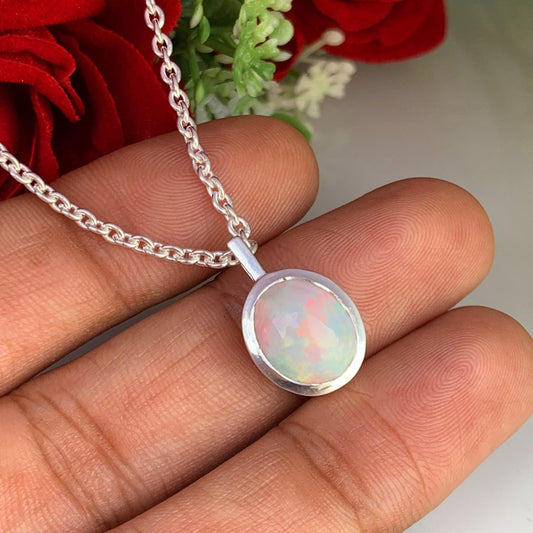 Ethiopian Opal Necklace – Oval Sterling Silver Pendant - BeadsBoatInc