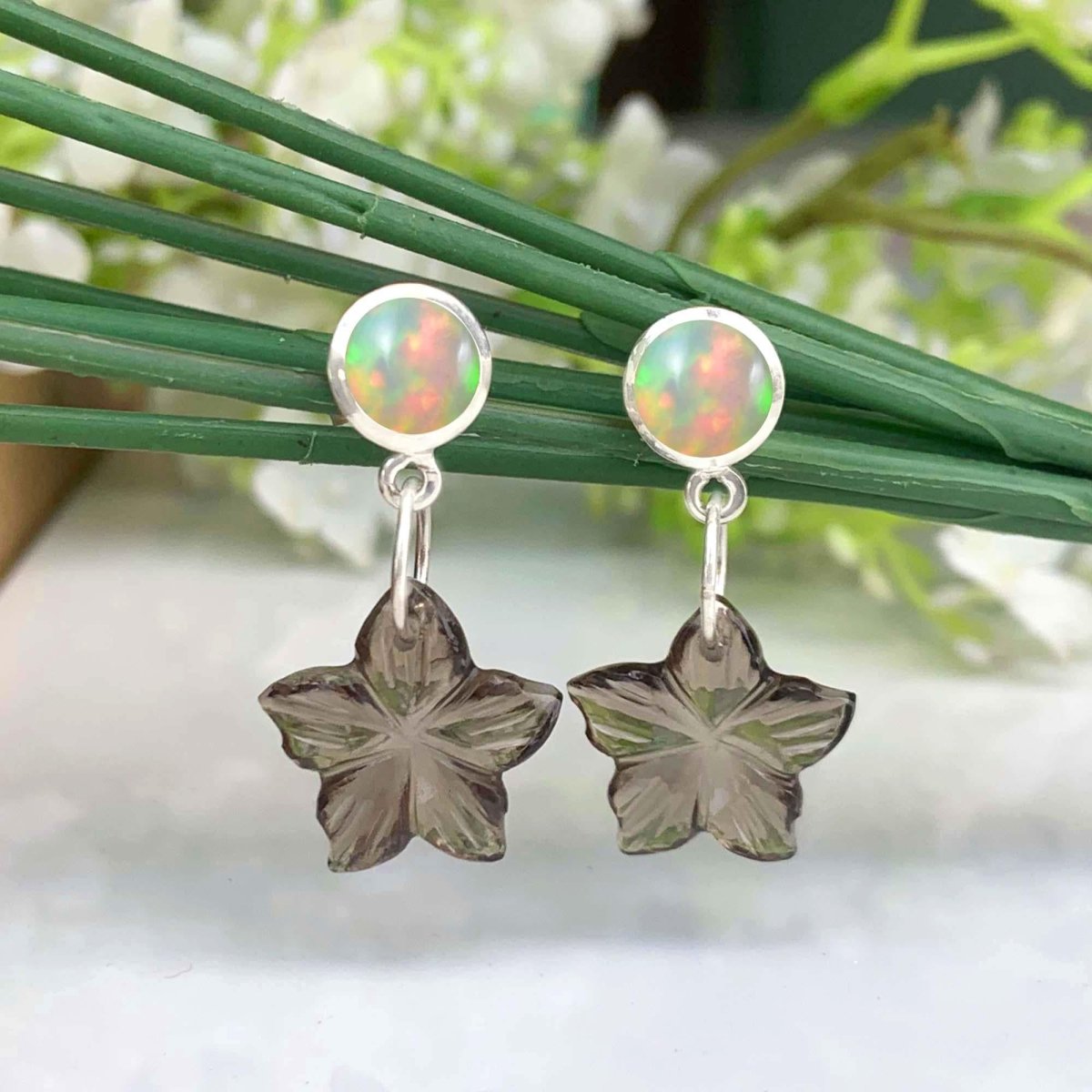 Ethiopian Opal & Smoky Quartz Flower Earrings - Sterling Silver Dangle Drops - BeadsBoatInc