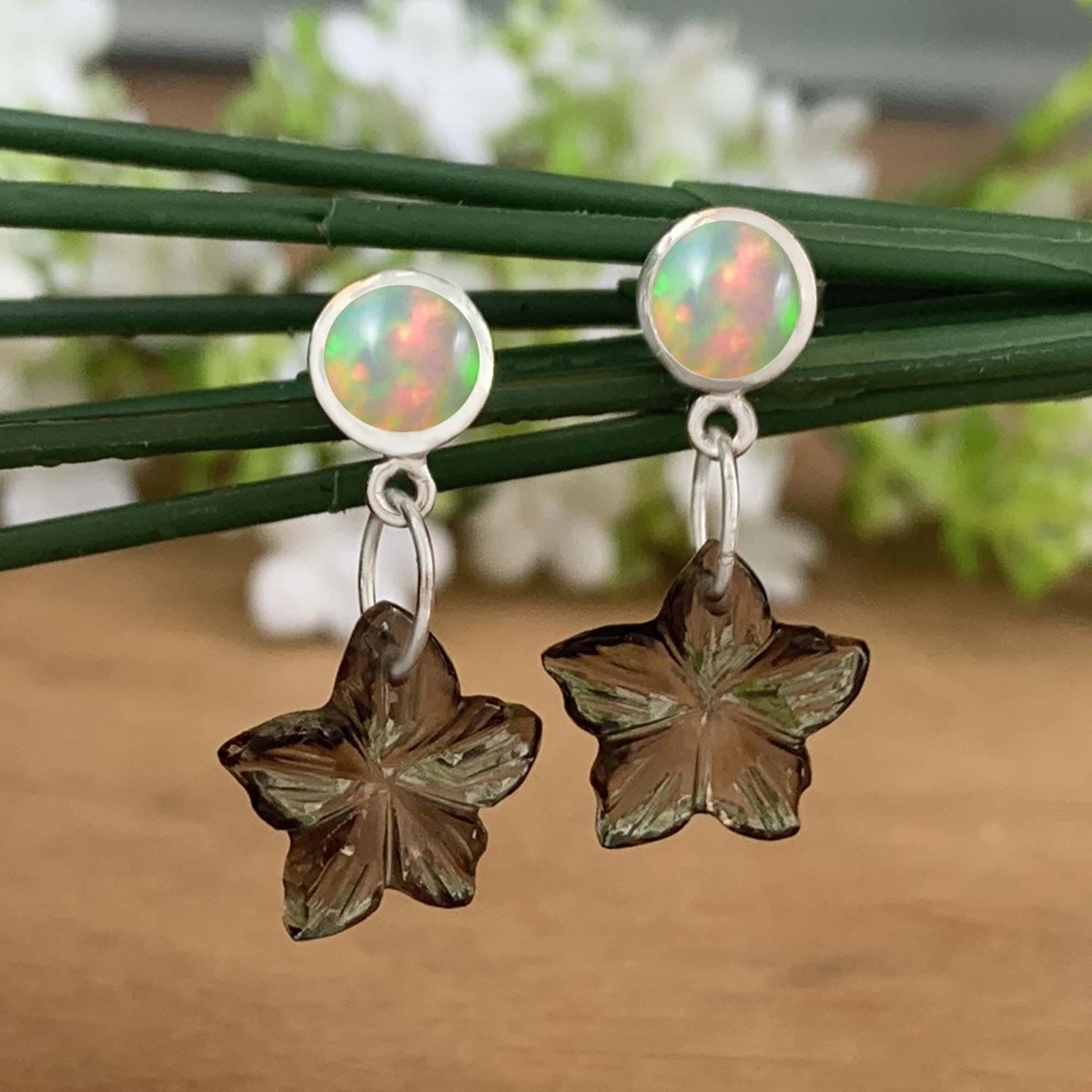 Ethiopian Opal & Smoky Quartz Flower Earrings - Sterling Silver Dangle Drops - BeadsBoatInc