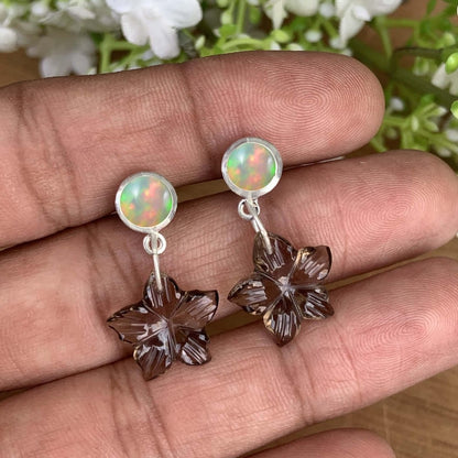 Ethiopian Opal & Smoky Quartz Flower Earrings - Sterling Silver Dangle Drops - BeadsBoatInc