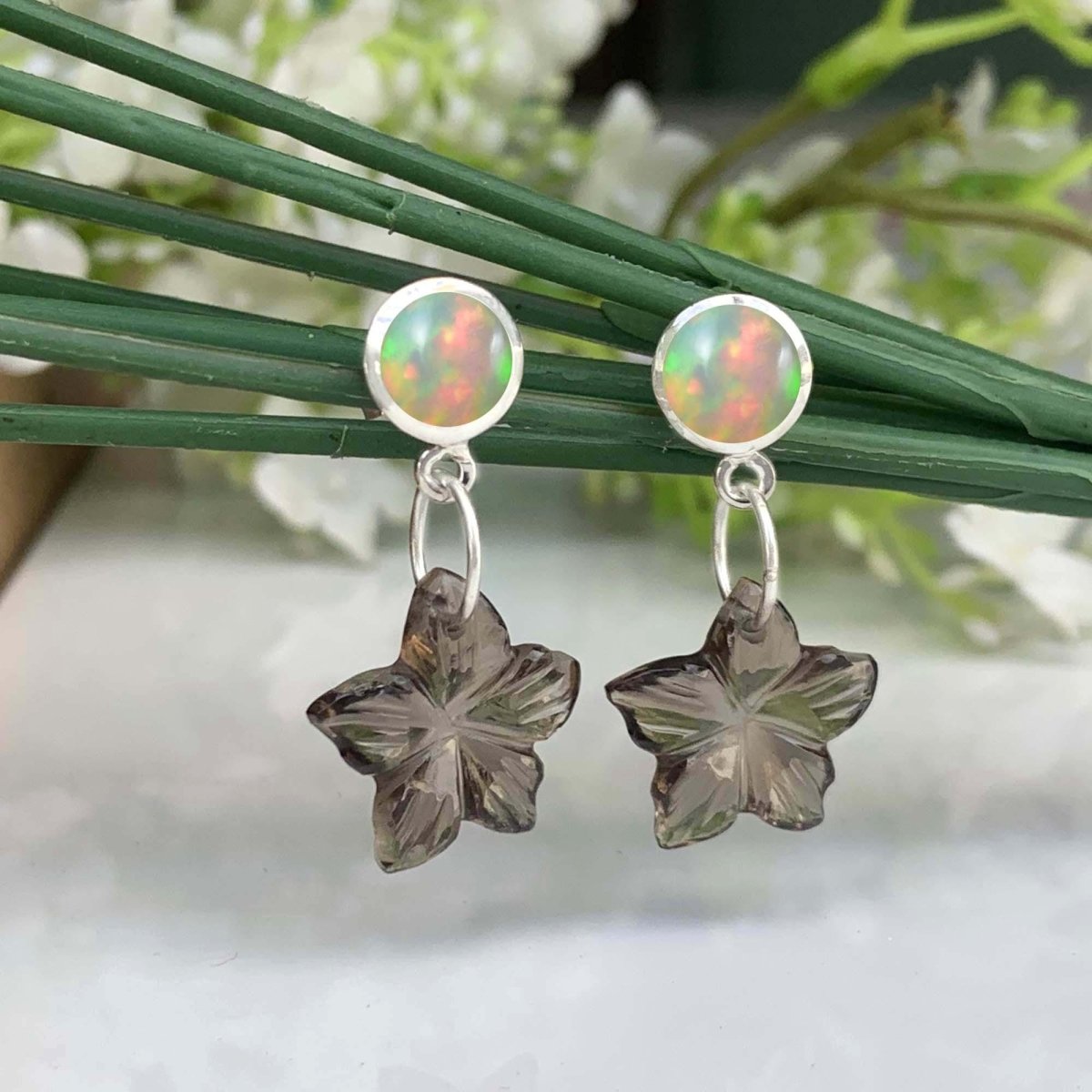 Ethiopian Opal & Smoky Quartz Flower Earrings - Sterling Silver Dangle Drops - BeadsBoatInc