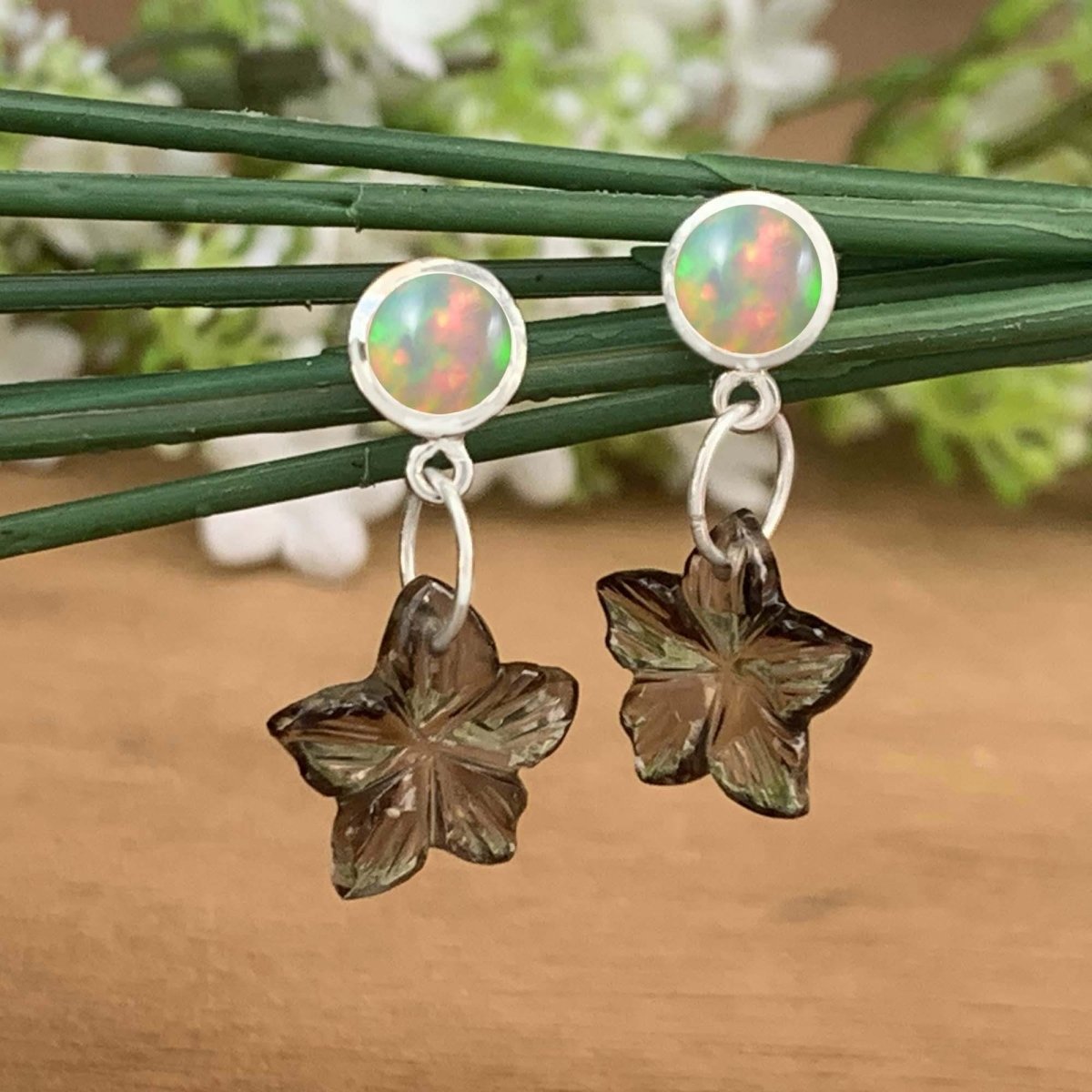 Ethiopian Opal & Smoky Quartz Flower Earrings - Sterling Silver Dangle Drops - BeadsBoatInc