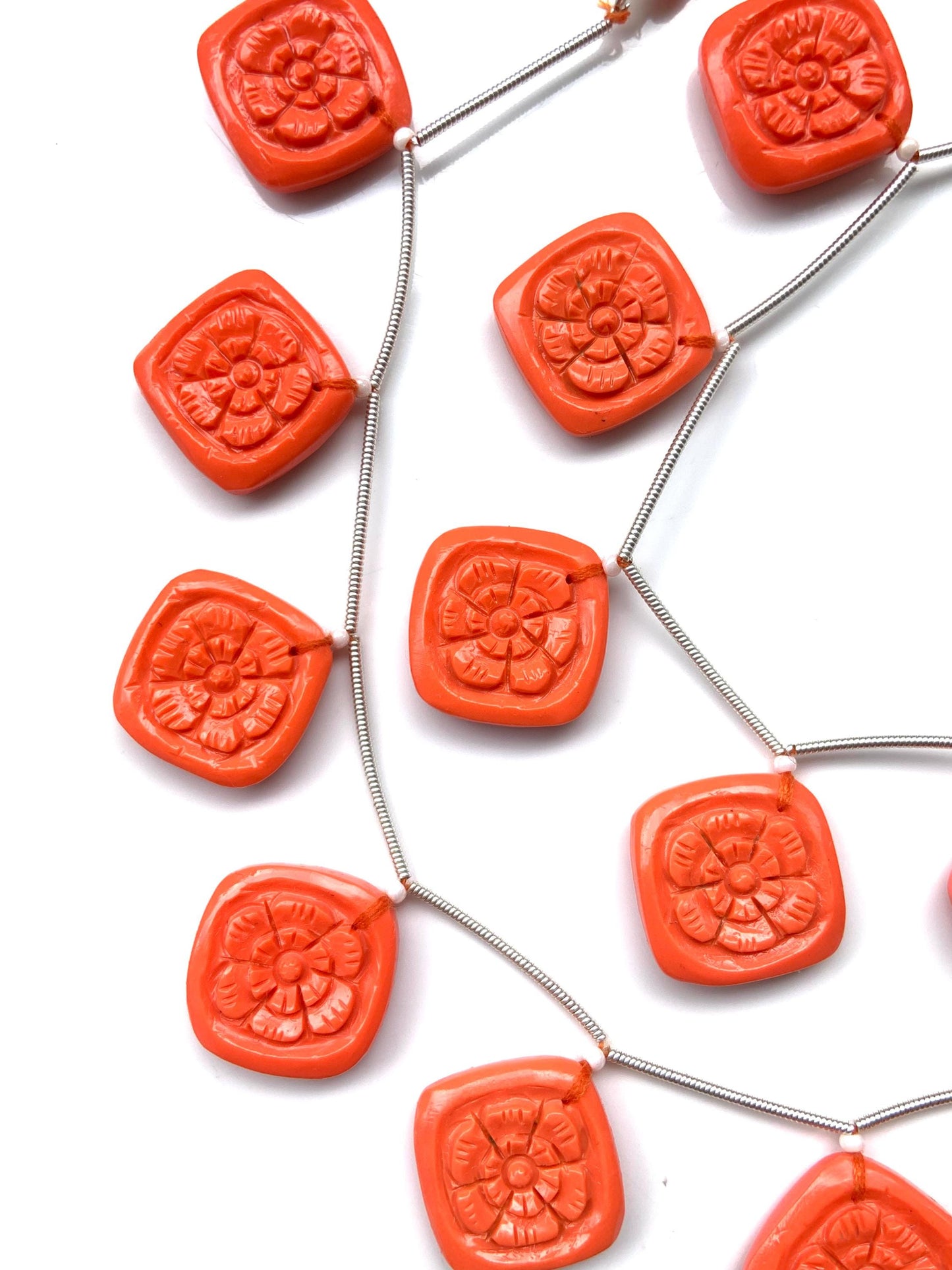 Red Coral Carved Cushion Flower Briolette Beads – 8pcs 17x17x5mm