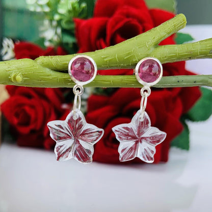 Pink Tourmaline & Carved Quartz Floral Dangle Earrings ~  Handmade Sterling Silver Elegance