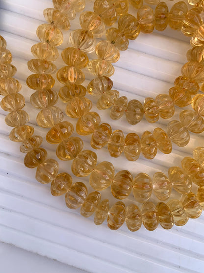 Natural Citrine Carved Melon Rondelle Beads 8 Inch Strand | Center Drill Fancy Briolette Gemstone