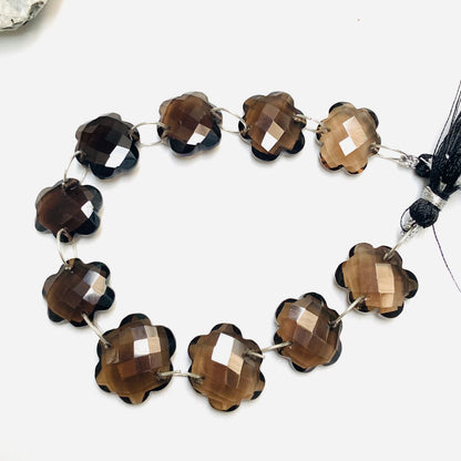 10 Pieces Natural Smoky Quartz Faceted Double Drilled Gemstone Beads, Cloud Shape Gemstone, Hand Carved Gemstone Size 14x15x5mm BBI1126