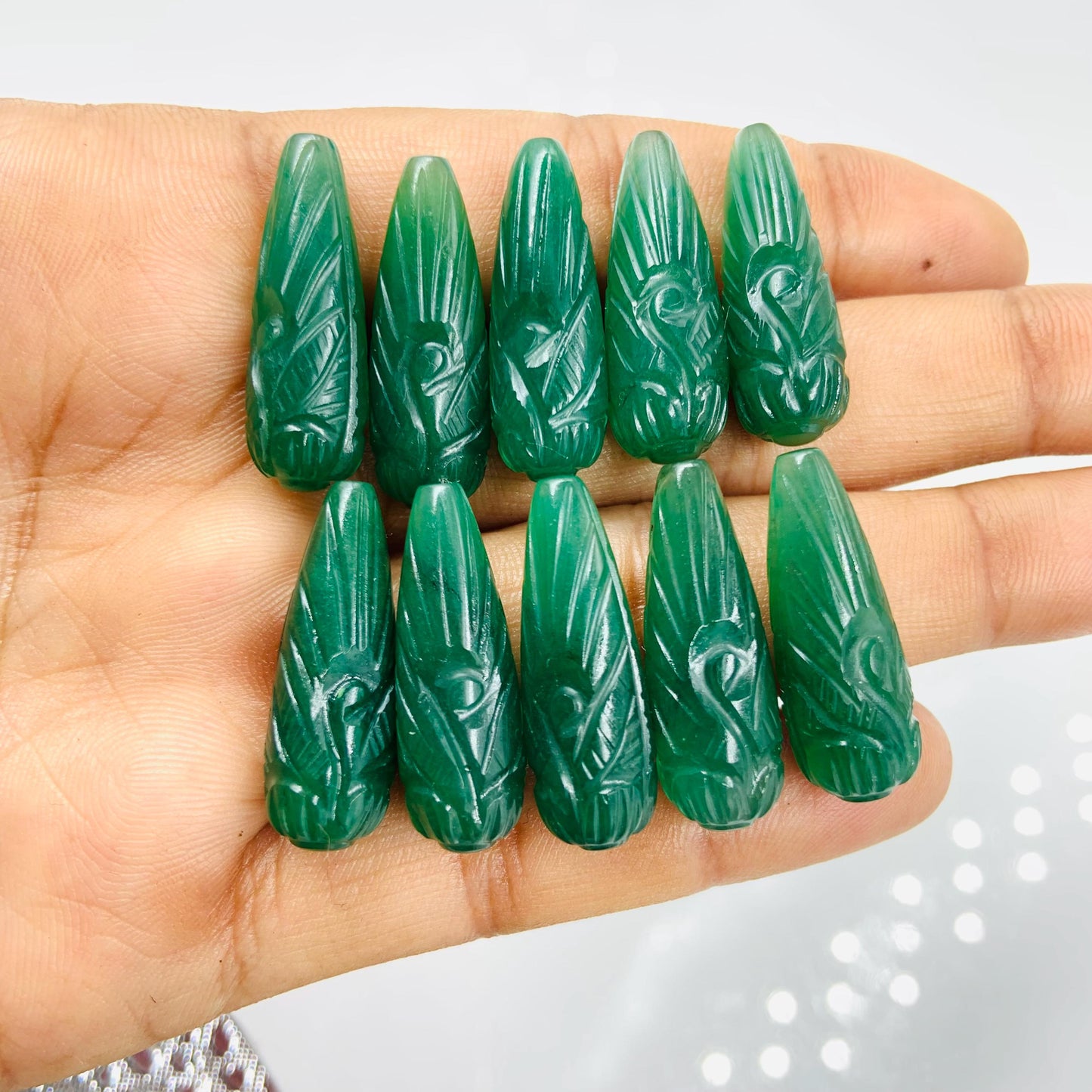 Hand Carved Green Jade Briolette Beads: Drop Shape Gemstone Pair (9x26mm
