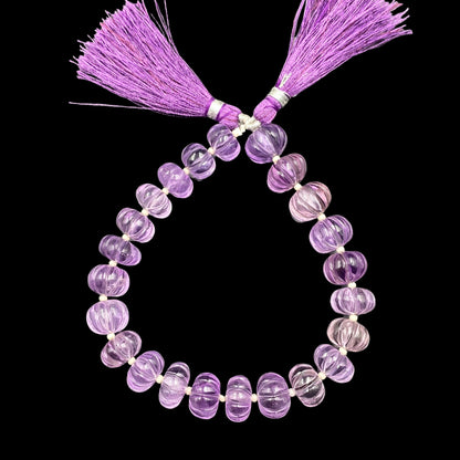 Natural Amethyst Faceted Carved Melon Gemstone Beads 8" Strand