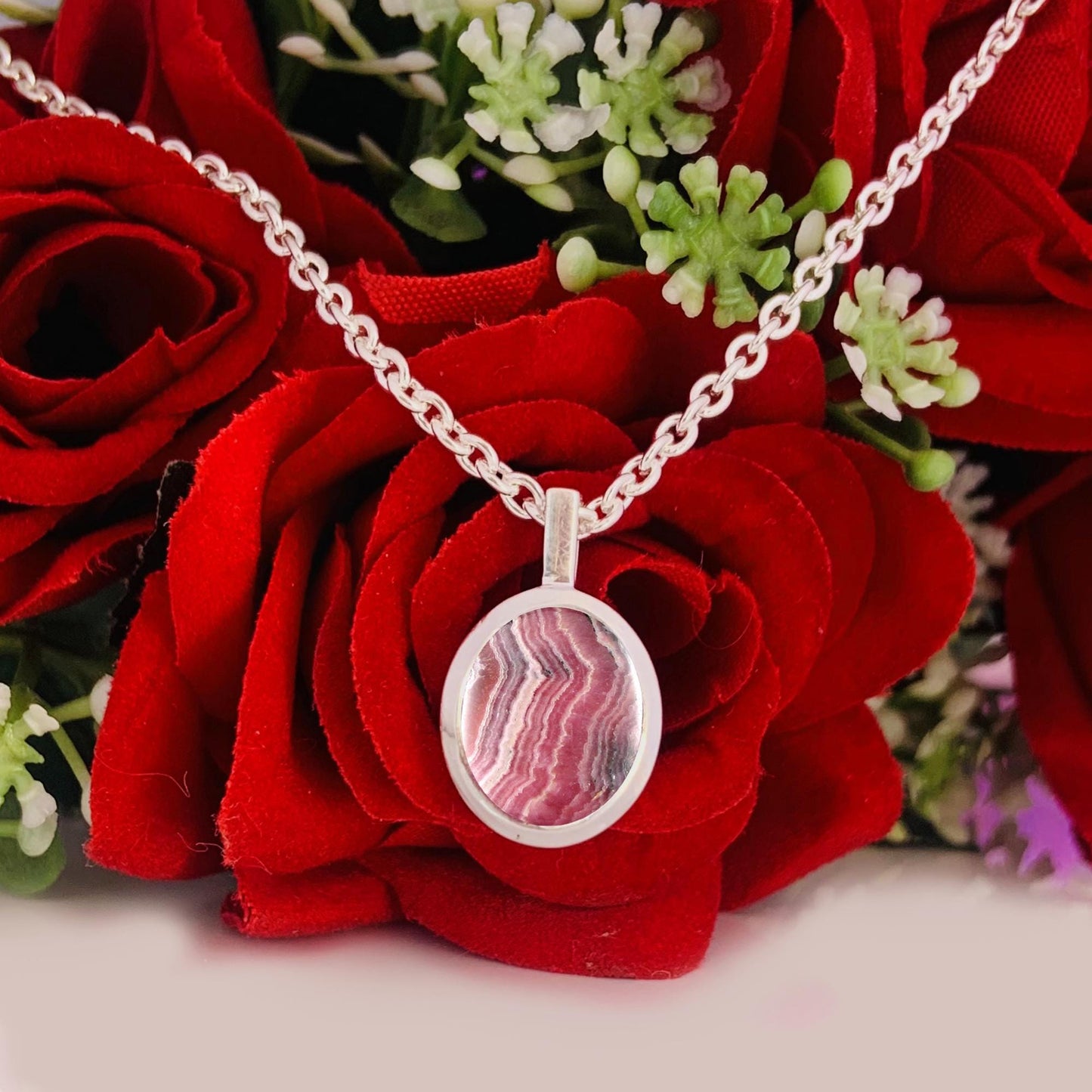 Pink Rhodochrosite Necklace – Dainty Silver Birthstone Pendant, Gift for Her
