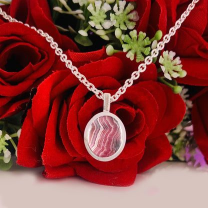 Pink Rhodochrosite Necklace – Dainty Silver Birthstone Pendant, Gift for Her