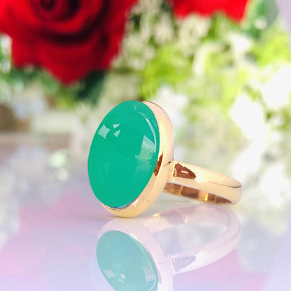 Green Oval Chrysoprase Ring - 925 Silver Gold Plated
